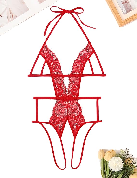 Avidlove Women Deep V Halter Lingerie Teddy Lace Bodysuit One Piece Babydoll Sexy Outfit