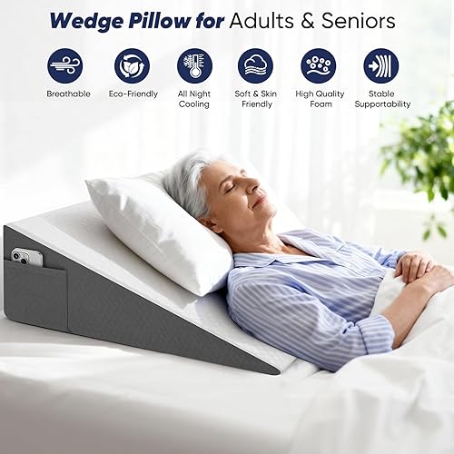Miniatura 7 de Almohada de cuña de cama para dormir y descansar, almohada inclinada de 8 pulgadas para adultos mayores, soporte de espalda y elevación de piernas,