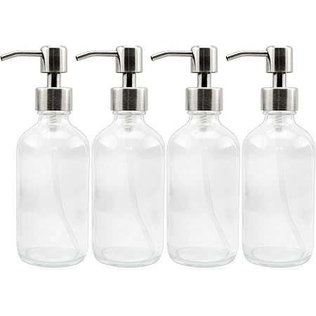 8-Ounce Clear Glass Boston Round Bottles w/ Stainless Steel Lotion Pumps (4-Pack); Empty Refillable Liquid Soap & Lotion Bottles