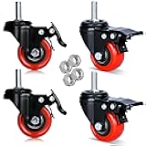 2 Inch Swivel Stem Casters Heavy Duty Double Locking, 600lbs Load Capacity, 3/8-16x1 Threaded Stem Swivel Castors with Brakes, Noiseless, Set of 4 Industrial Castors for Furniture, Carts(red)