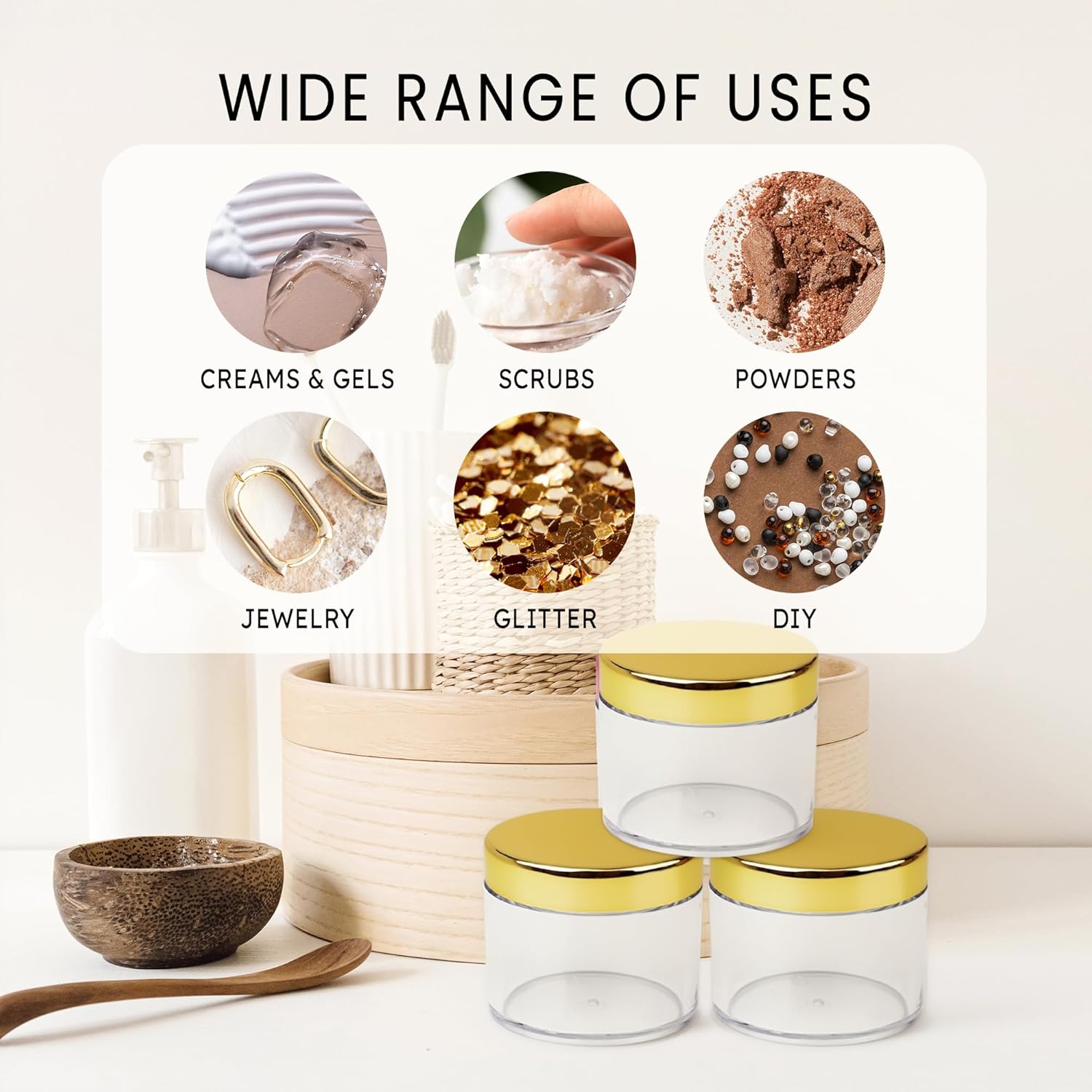 Beauticom 60 Grams/60 ML (2 Oz) Round Clear Leak Proof Plastic Container Jars with Gold Lids for Travel Storage Makeup Cosmetic Lotion Scrubs Creams Oils Salves Ointments (384 Jars)