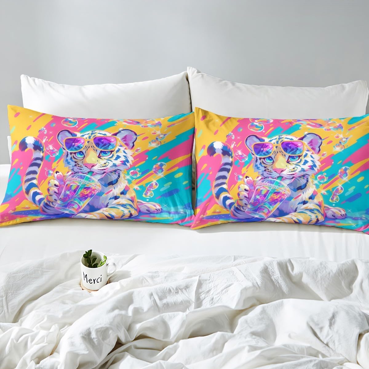 Cartoon Tiger Kids Duvet Cover Set Full Size,Rainbow Stars Hip-hop Modern Fashion Bedding Set,Girls Boys Women Room Decor,Wild Animal Tiger Fur Watercolor Quilt Cover,2 Pillowcases(No Comforter)