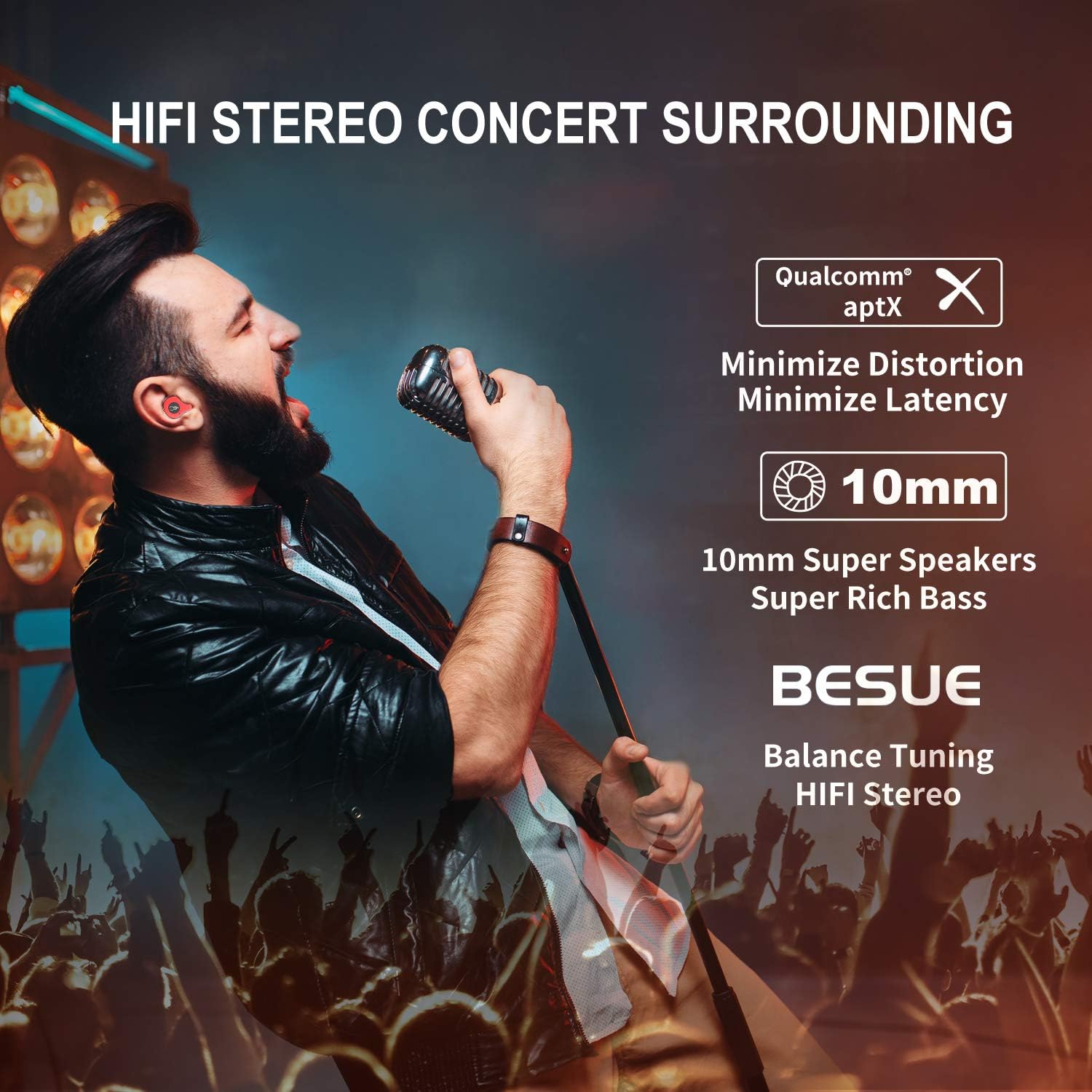 Best Seller True Wireless Earbuds Bluetooth 5.0 Headphones - Besue Sabbat Deep Bass Wireless Headphones for Sport/Workout, Noise Cancelling Bluetooth Earbuds for Galaxy/iPhone/Android 30H with Wireless Charging