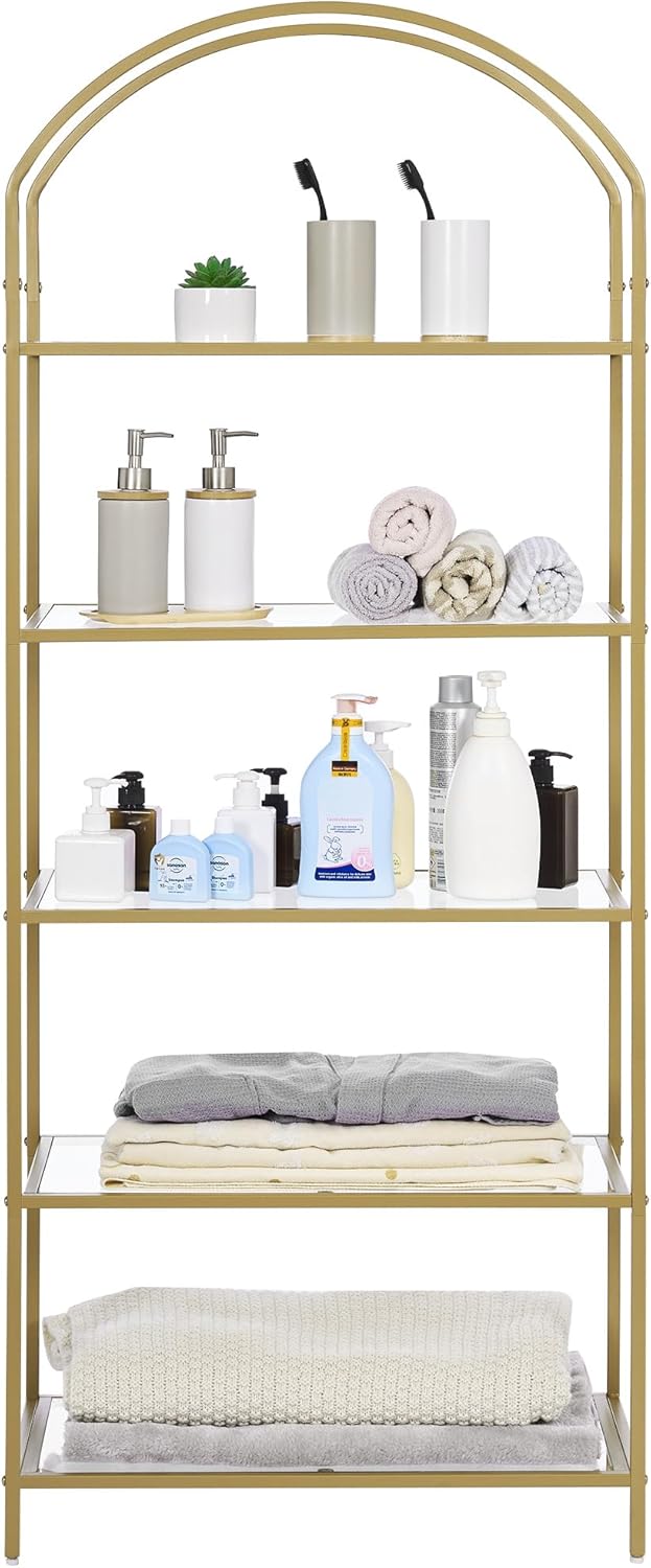 Homhedy Bookshelf Arched Display Racks,Metal Bookcase,Tempered Glass Shelves,Storage Rack Shelf for Home Office,Living Room,Bedroom, Bathroom,Modern Style (Golden, 11.8" D x 23.6" W x 62.2" H) - Image 3