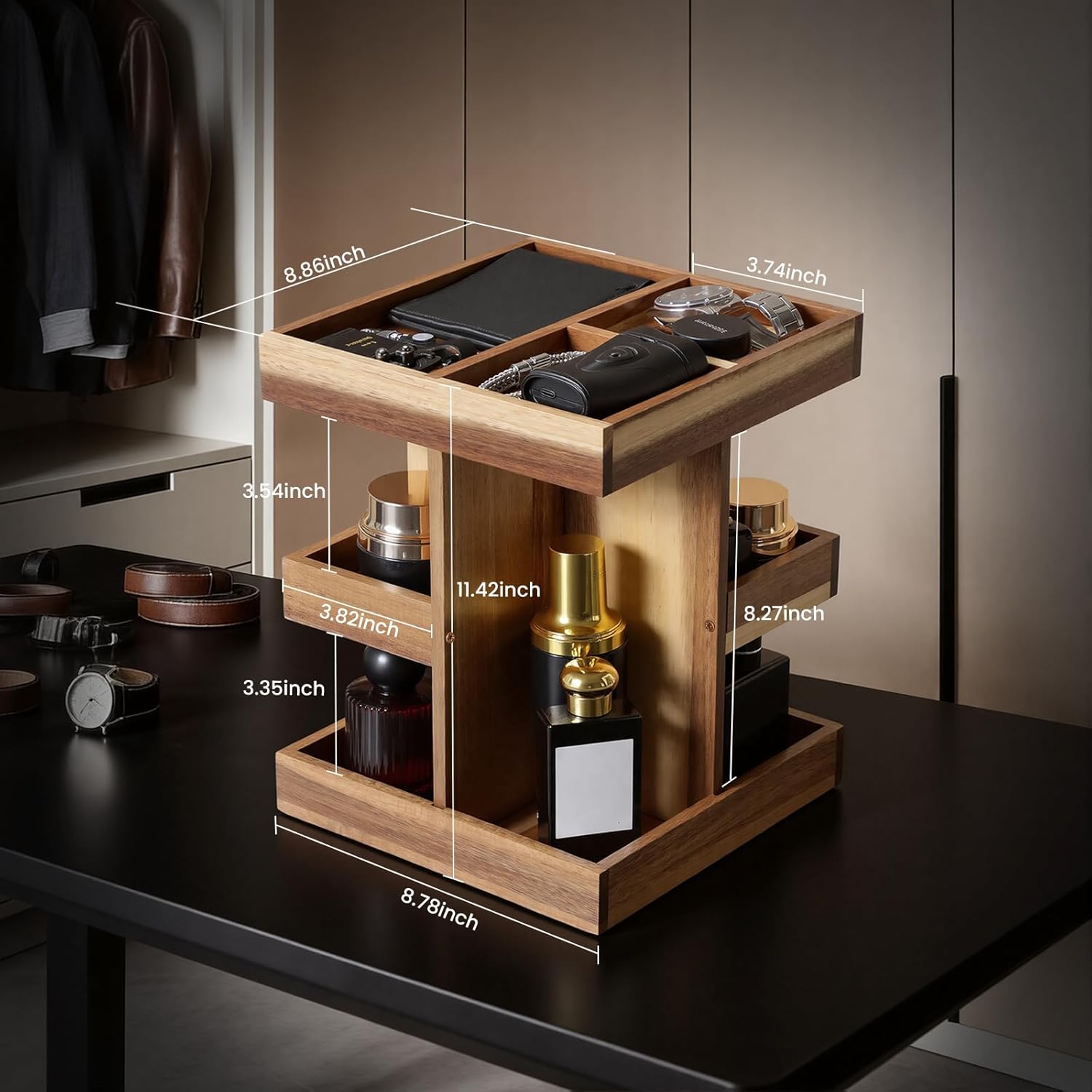 EXIN DECHEN Cologne Organizer for Men,Cologne Stand,3 Tier Wooden Perfume Shelf with Rotate,Desk Organizer,Gift for Dad From Wife,Husband Boyfriend Birthday Gift Ideas,Fathers Day Gift for Men