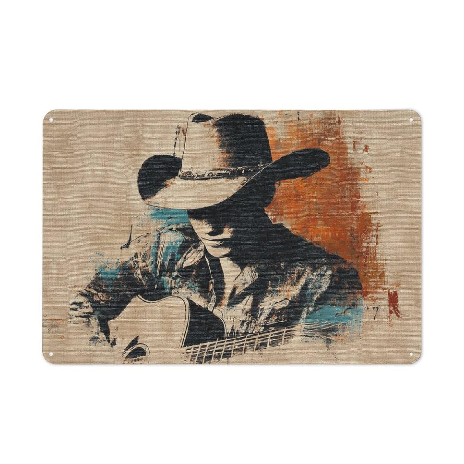 Jubonexis Abstract Western Art Cowboy Playing Guitar Tin Metal Signs Wall Art Decorations for Bar Pub Club Cafe Room Farmhouse White 20x30cm