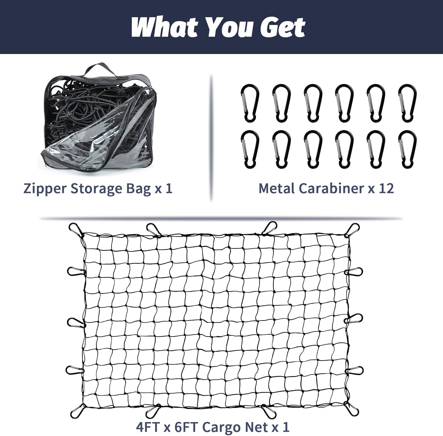 Cargo Net for Truck Pickup 4'x6' Stretches to 8'x12' Heavy Duty Truck Bed Cargo Net 12 Tangle-Free Clip Carabiners and 1 Storage Bag Small 4" x 4" Mesh Universal Car Organizer Net for Large Loads : Automotive