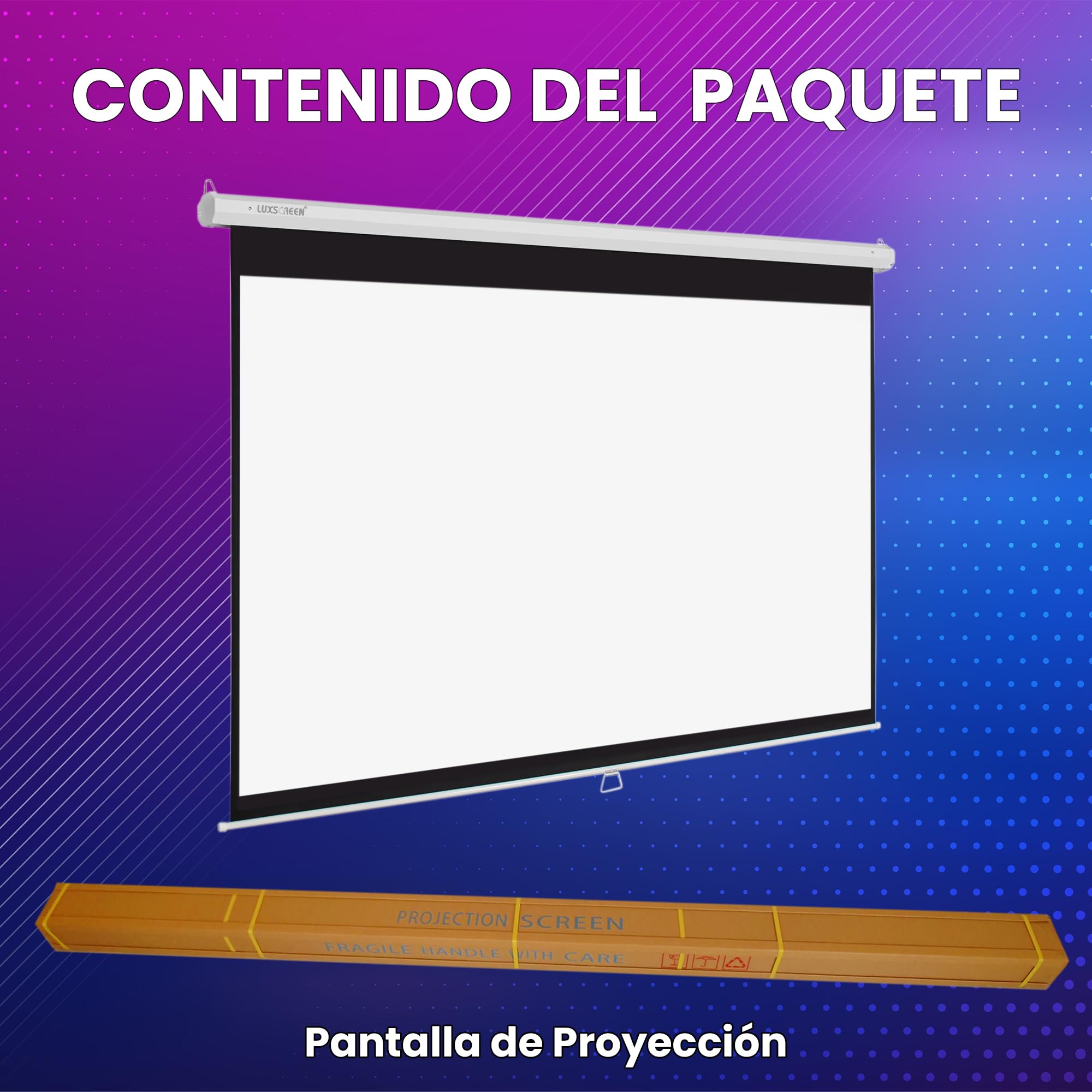Schermo per proiettore manuale 100 pollici 16:9 Luxscreen, area visibile bianca 220 x 124 cm, richiede uno spazio di installazione di 236 cm, installazione a parete o soffitto