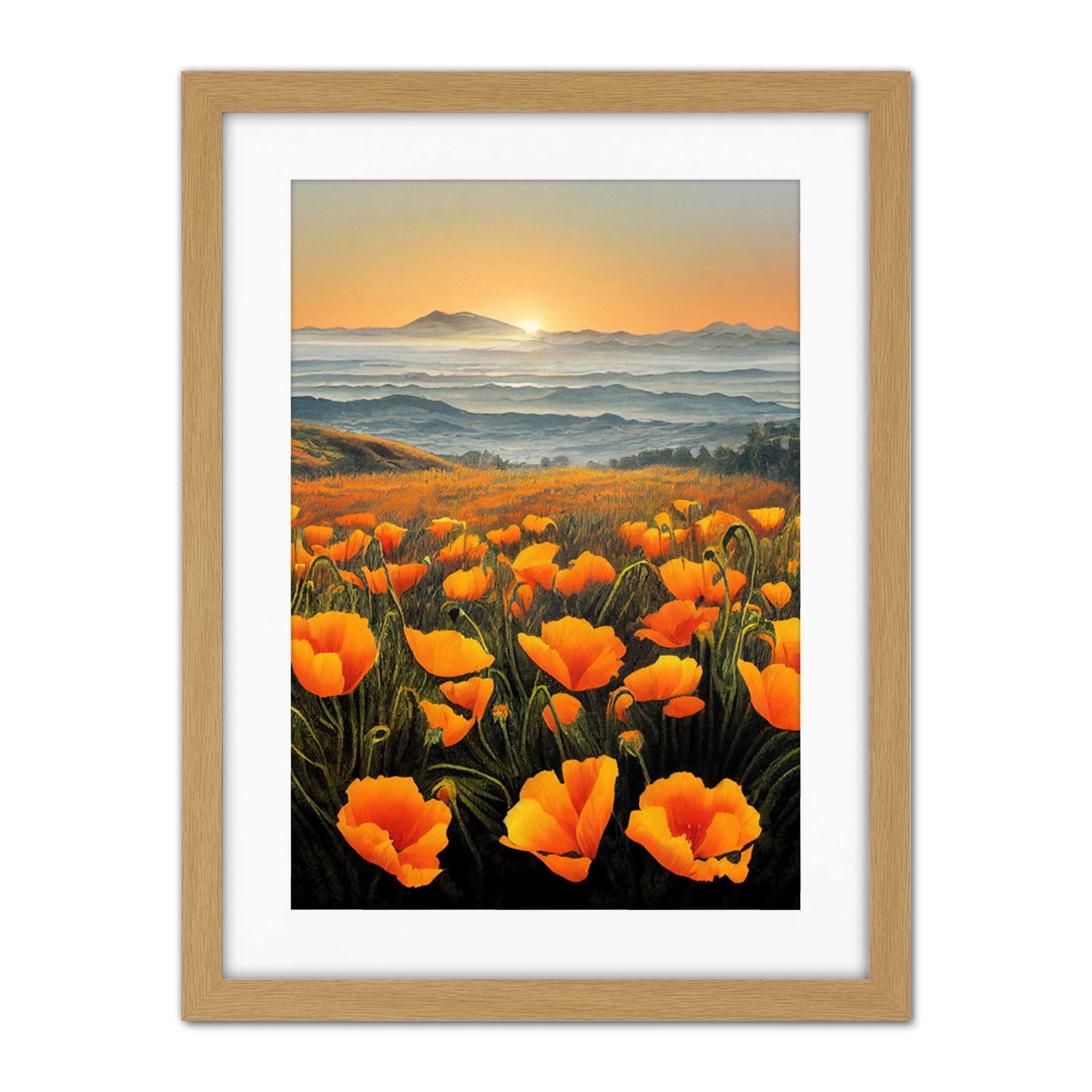 Doppelganger33 LTD Shoreline California Poppies At Sunrise Painting Artwork Framed Wall Art Print 18X24 Inch