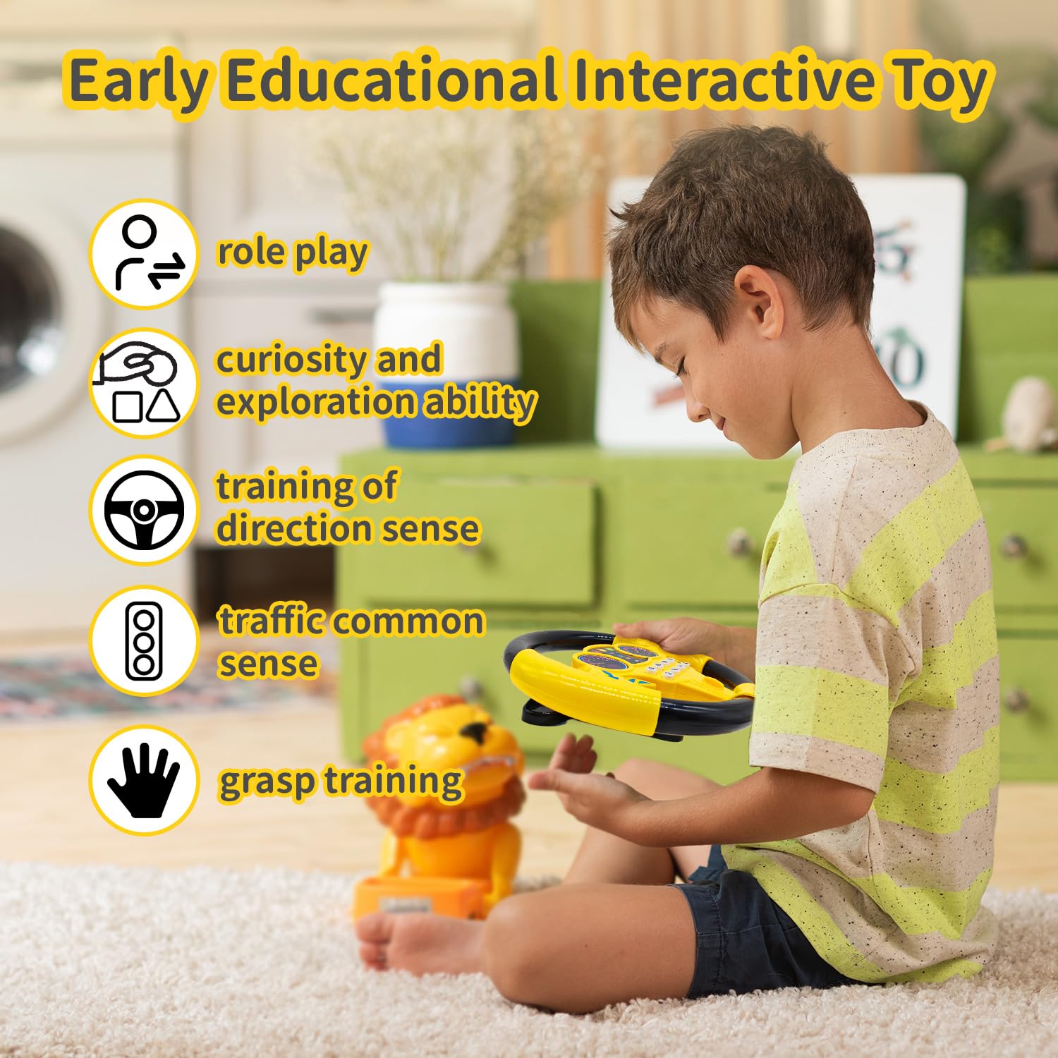 Giocattoli per Volante Bambini, Volante per Auto, Controller di Guida Portatile simulato, Giocattolo d'Imitazione per Guida Simulata, giocattolo regalo educativo per bambini (Giallo)