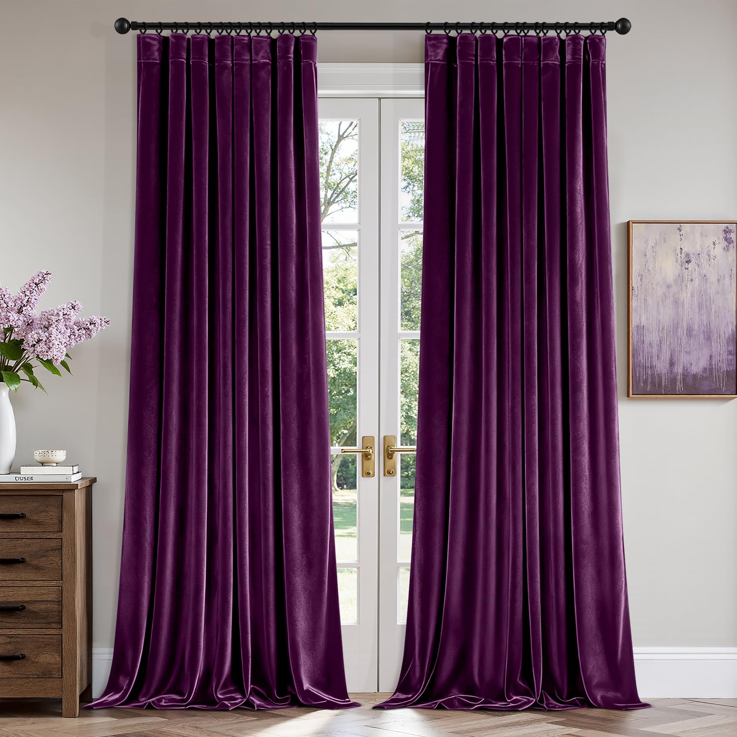 ANRODUO Purple Velvet Curtains 96 Inches Long Blackout Thermal Insulated Soundproof Curtain Privacy Room Darkening Curtains Pinch Pleat Window Drapes for Bedroom Living Room Set of 2