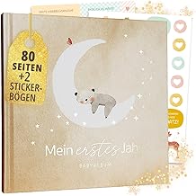My First Year Baby Album + Sticker Set, Baby Photo Album with Gold Embossing, 80 Pages to Fill in, Baby Gift for Girls and Boys, Gift for Birth & Baby Shower (Natural)