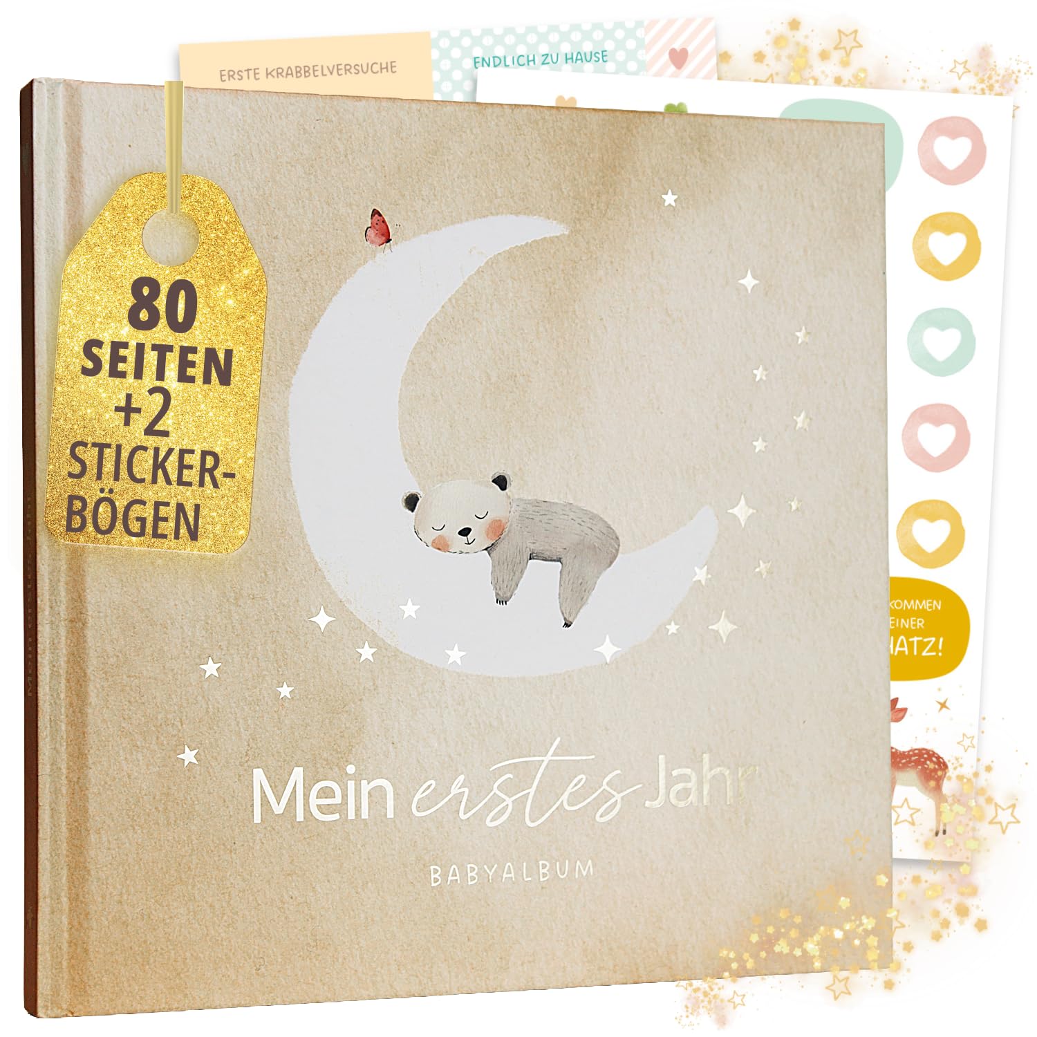 Mein erstes Jahr Babyalbum | Erinnerungsbuch Baby | Hochwertiges Fotoalbum Baby mit Goldprägung I 80 Seiten Baby Tagebuch I Geschenk zur Geburt für Mädchen und Junge - Babygeschenke Babyparty (Natur)