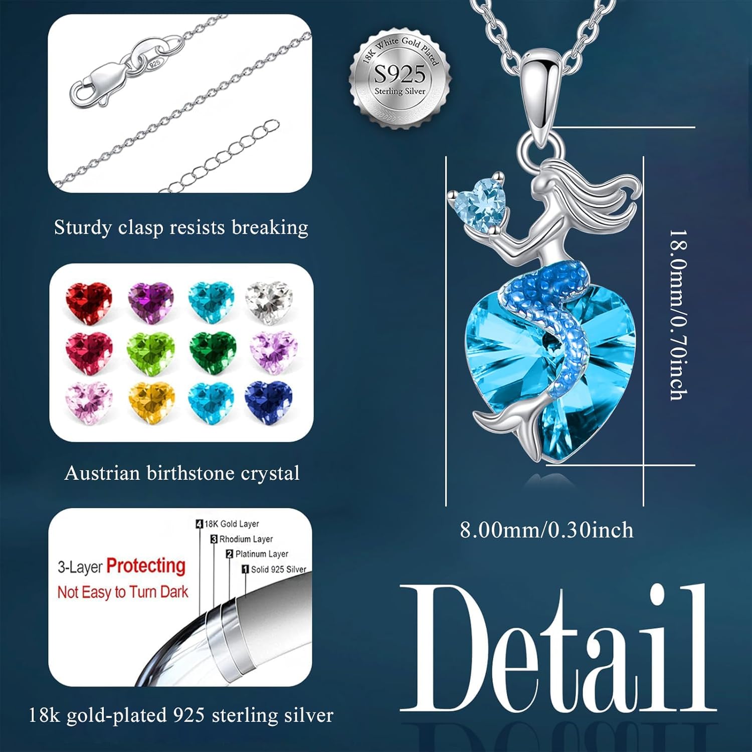 Mermaid Birthstone Necklace for Women 925 Sterling Silver Jewelry Austrian Crystal Pendant Christmas Gifts for Her