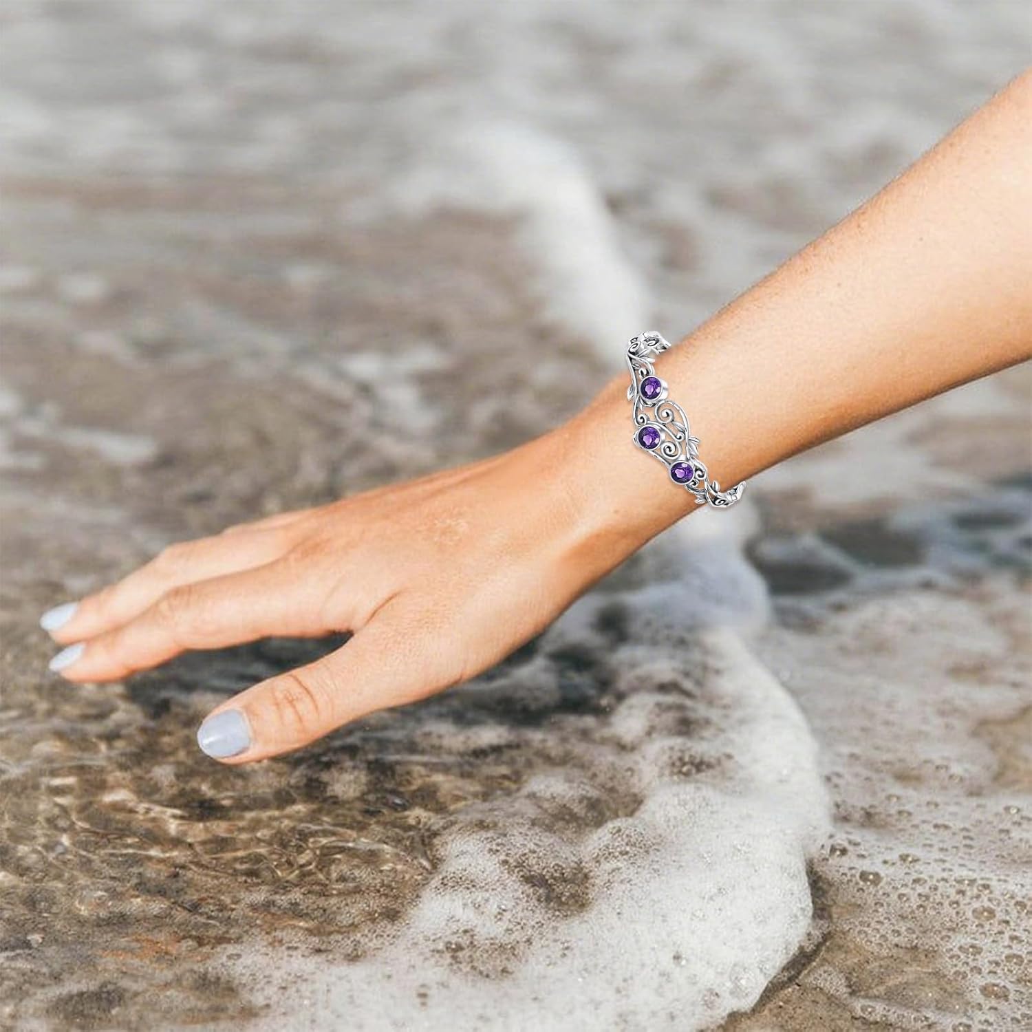 Three Amethysts Vine Cuff Bracelet Sterling Silver Adjustable Bohemian Bangle, February Birthstone Gift for Her Purple Crystal Healing Jewelry