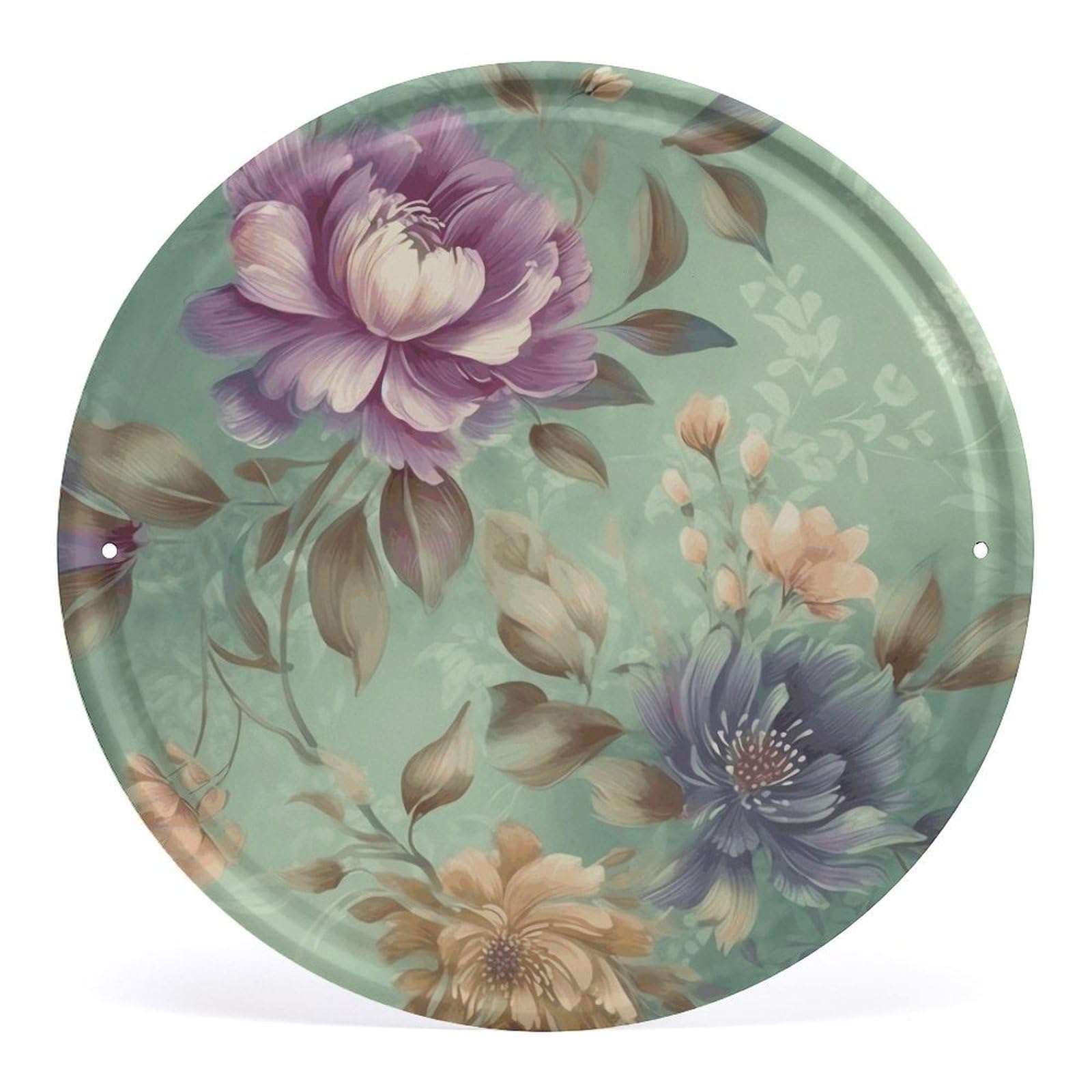 Fodpand Style Flowers On Green Background Round Wall Art Hanging Decorations, Wall Decor Modern Minimalist Artwork, Tin Sign Hanging Picture For Living Room, Bedroom, Office, Hallway, 11.8X11.8 Inch