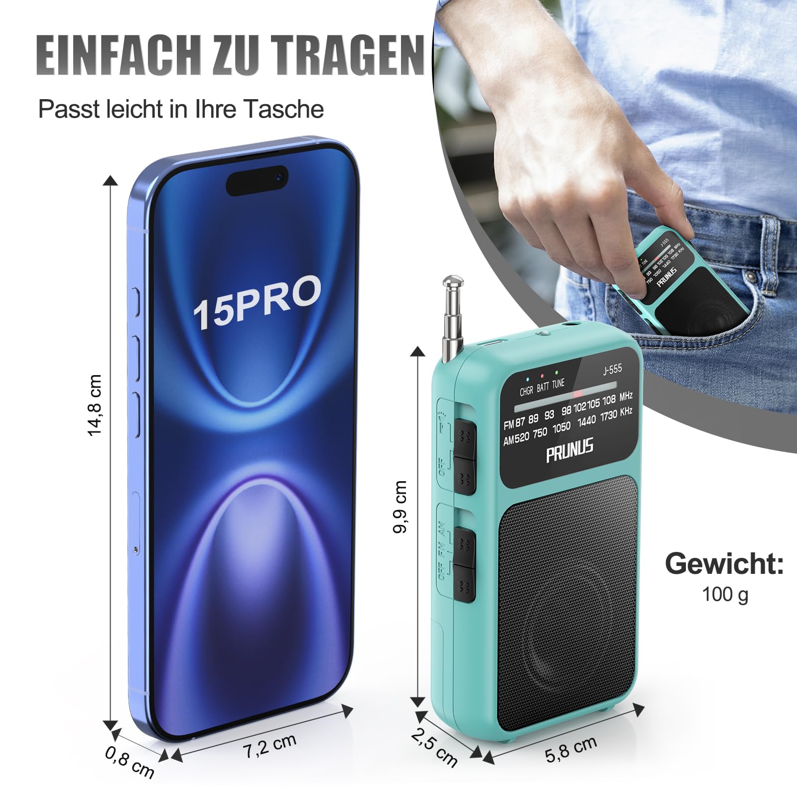 PRUNUS J-555 AM/FM/UKW Radio Klein, Kleines Radio mit Akku, USB-C-Laden, Miniradio Batteriebetrieben per AAA-Batterien mit Rückclip & Lanyard zum Joggen, Camping, Stromausfall. (Blau)