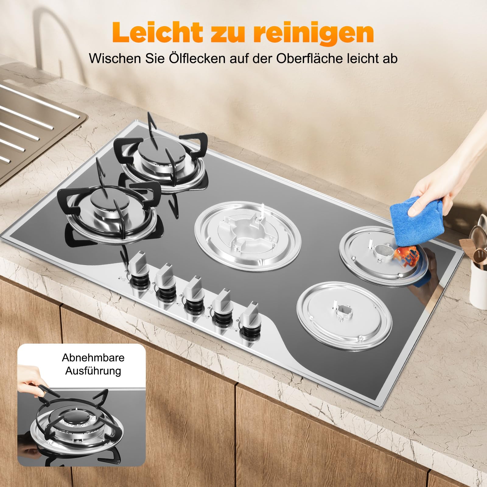 5 Flammig Gaskochfeld für Propan- und Erdgas Gehärtetem Glas Propangas Kochplatte, Campingkocher Gas-Herdplatte mit 5 Flammen, Gasherd für Camping Wohnmobil Küche