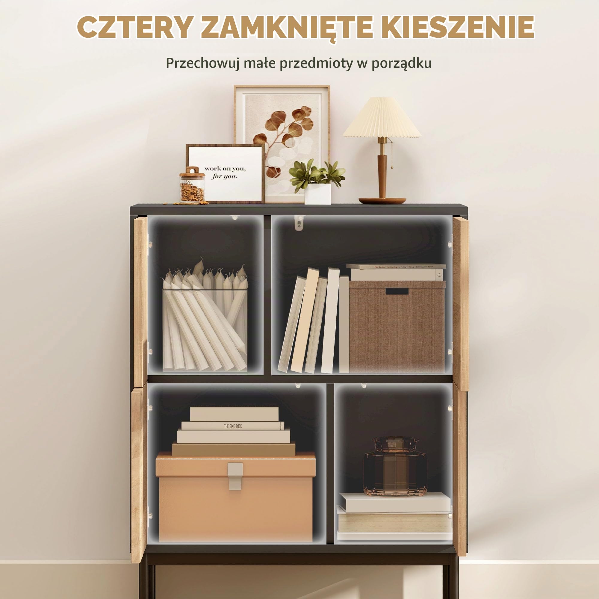 HOMCOM Sideboard z drzwiami PTO 60x35x75cm Czarny+Naturalne drewno