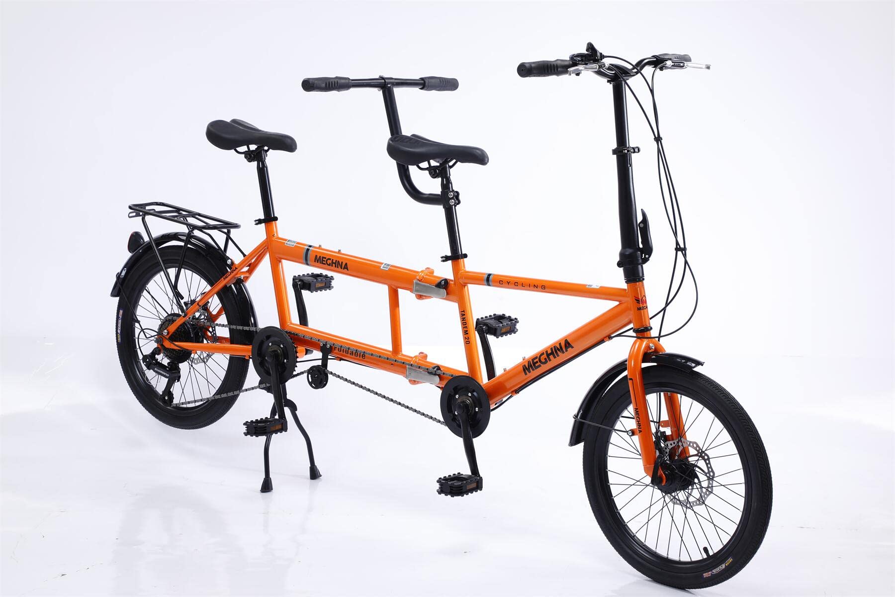 Bici Tandem Pieghevole Classico - Città in Tandem Pieghevole, Bici da Spiaggia per Adulti, 7 Velocità Regolabili, 3 Posti, Arancione