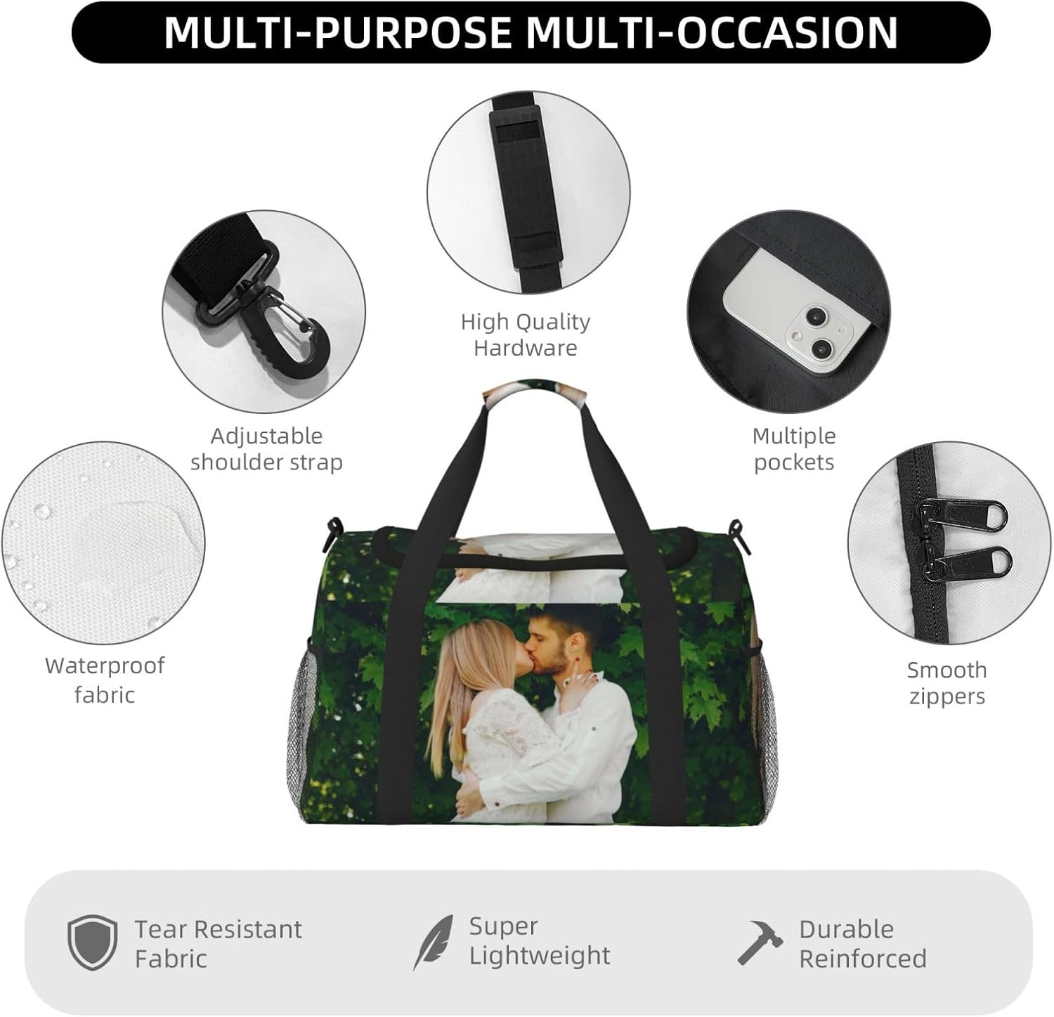 Custom Duffle Bag Personalized Travel Bag for Men Women, Customized Sport Gym Bag Weekend Camp Bag with Photo Text Logo