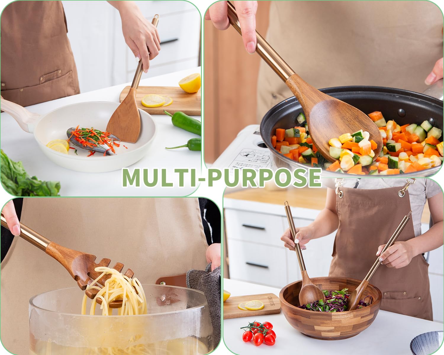 Utensilios de cocina de madera con mango de metal, juego de 6 utensilios de cocina, juego de espátulas de cucharas de madera, utensilios de cocina de 14 pulgadas de largo, espátulas de