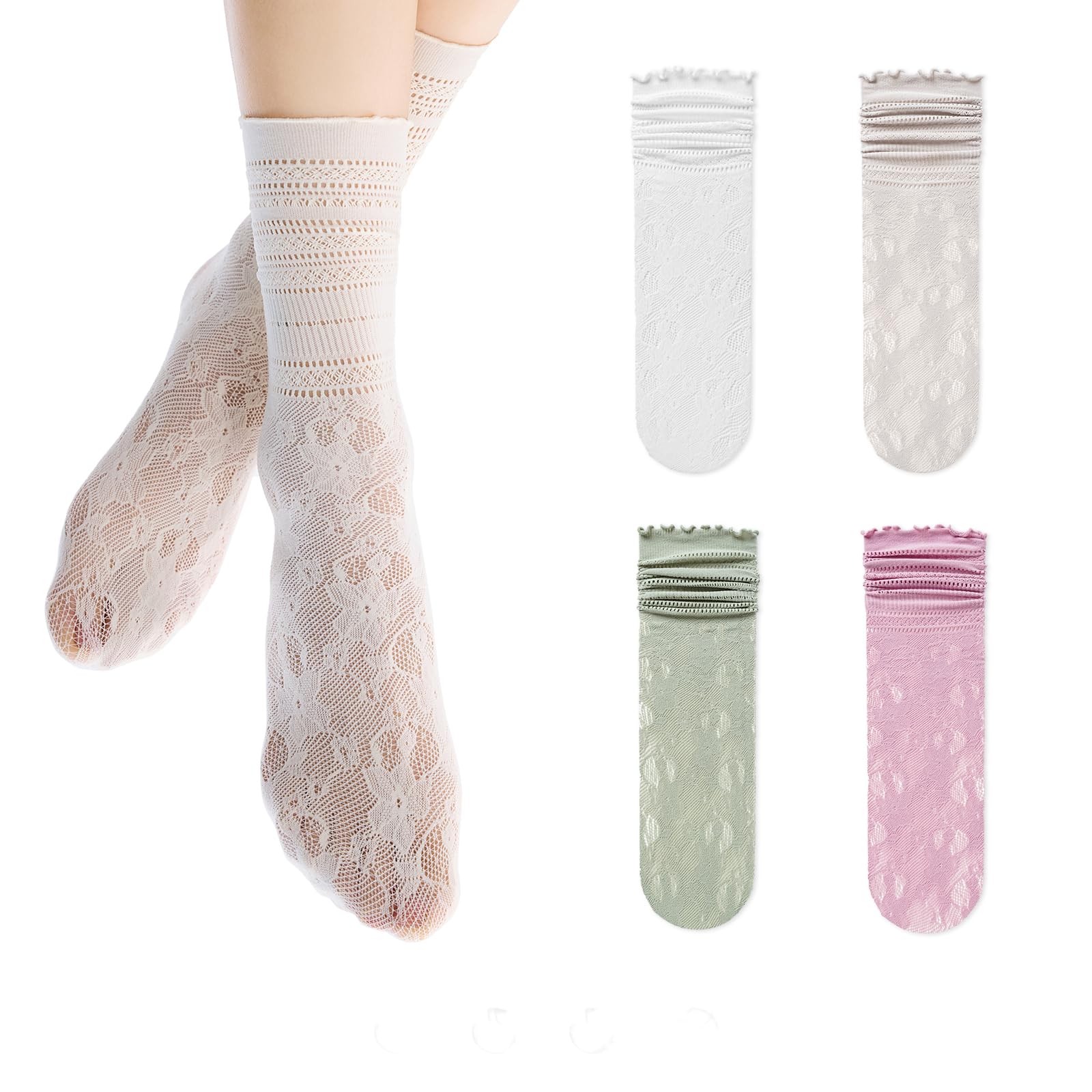 Gaoso Women's Fishnet Crew Socks 4 Pairs Breathable Mesh Stack & Scrunch Long Calf Socks