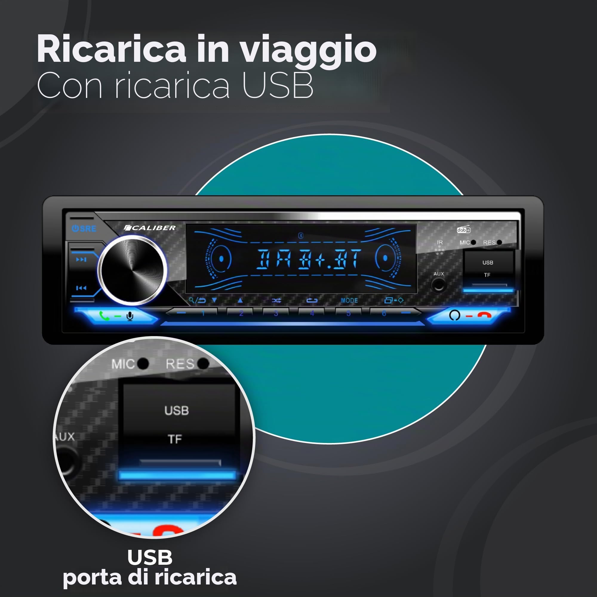 Caliber Autoradio Bluetooth 1DIN, sintonizzatore DAB+/FM, 4 x 75 W, USB/Micro SD, funzione di ricarica 2,1 A, ingresso ausiliario, vivavoce, microfono esterno, uscita RCA, antenna DAB+, 85 mm,