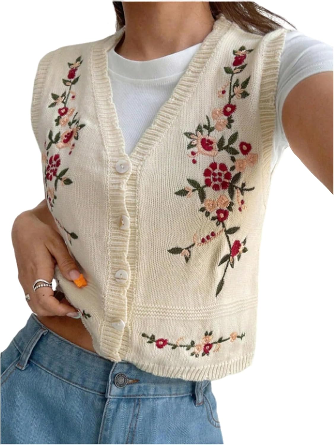 SHENHE Women's Floral Embroidered Sweater Vest V Neck Button Up Vintage Knit Vest Cardigan