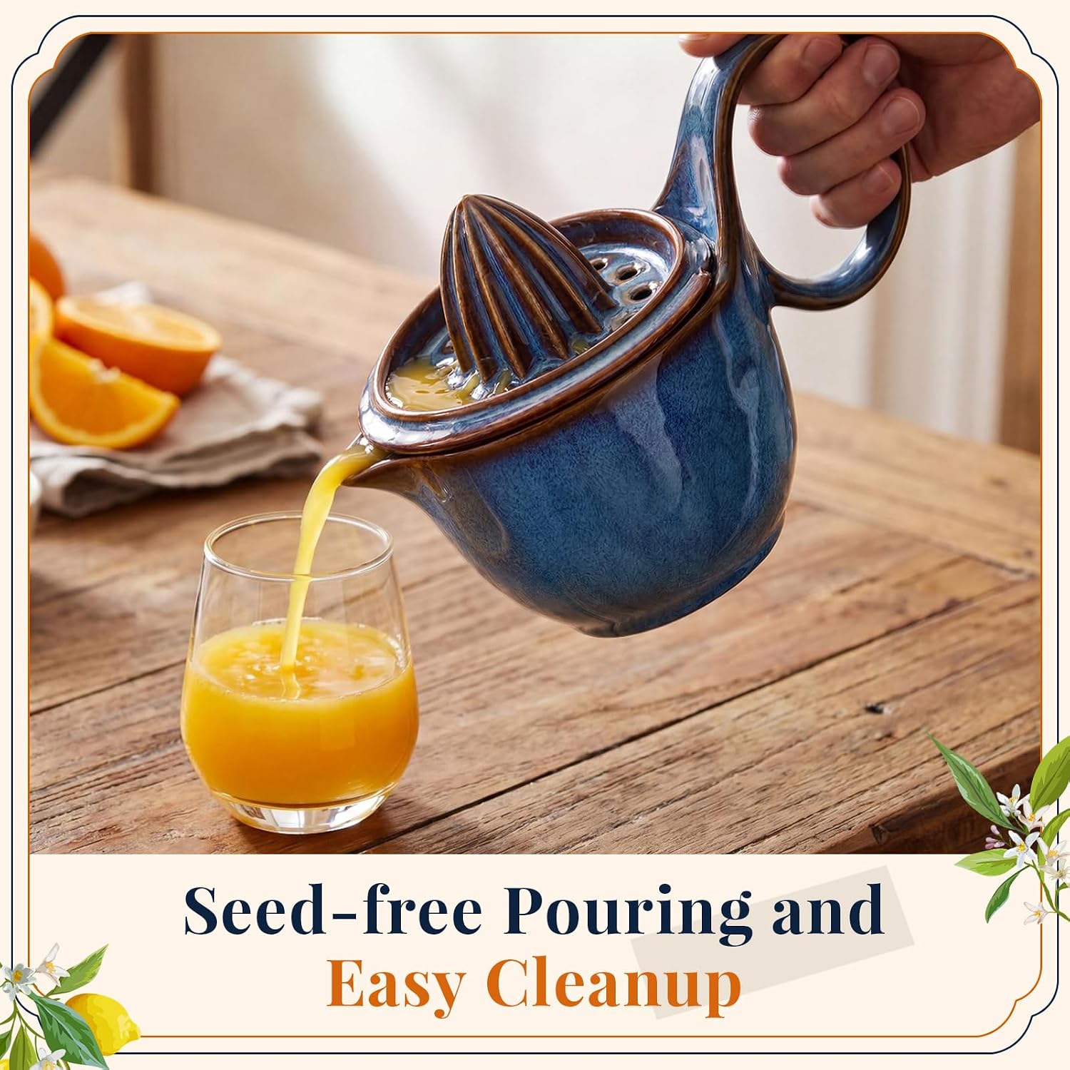 Sawysine Ceramic Lemon Squeezer Manual Citrus Juicer with Strainer Hand Press Lime Orange Reamer with 8.45 oz Cup Strainer Lid Spout Handle for Citrus Fruits Home Kitchen Bar(Classic,Dark Blue)