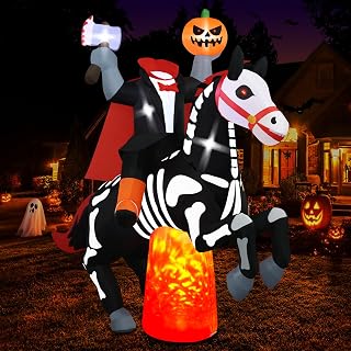 Halloween Inflatables Giant 8Ft Tall Headless Horseman Day of The Dead Outdoor Decoration, Pumpkin Knight with Horse Blow Up Yard Decor Built-in Flame Lamp for Outside Holiday Lawn Garden