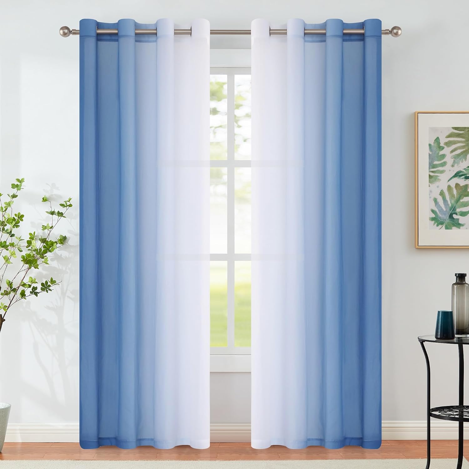 Blue Ombre Sheer Curtains for Living Room Chiffon Crinkle Semi Sheer Curtain Panels for Bedroom Decor, Light Filtering Gradient Window Treatments with Grommet Top, 2 Panels, 52" Wx108 L