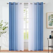Purainbow Blue Ombre Sheer Curtains for Living Room Chiffon Crinkle Semi Sheer Curtain Panels for Bedroom Decor, Light Filtering Gradient Window Treatments with Grommet Top, 2 Panels, 52" Wx95 L