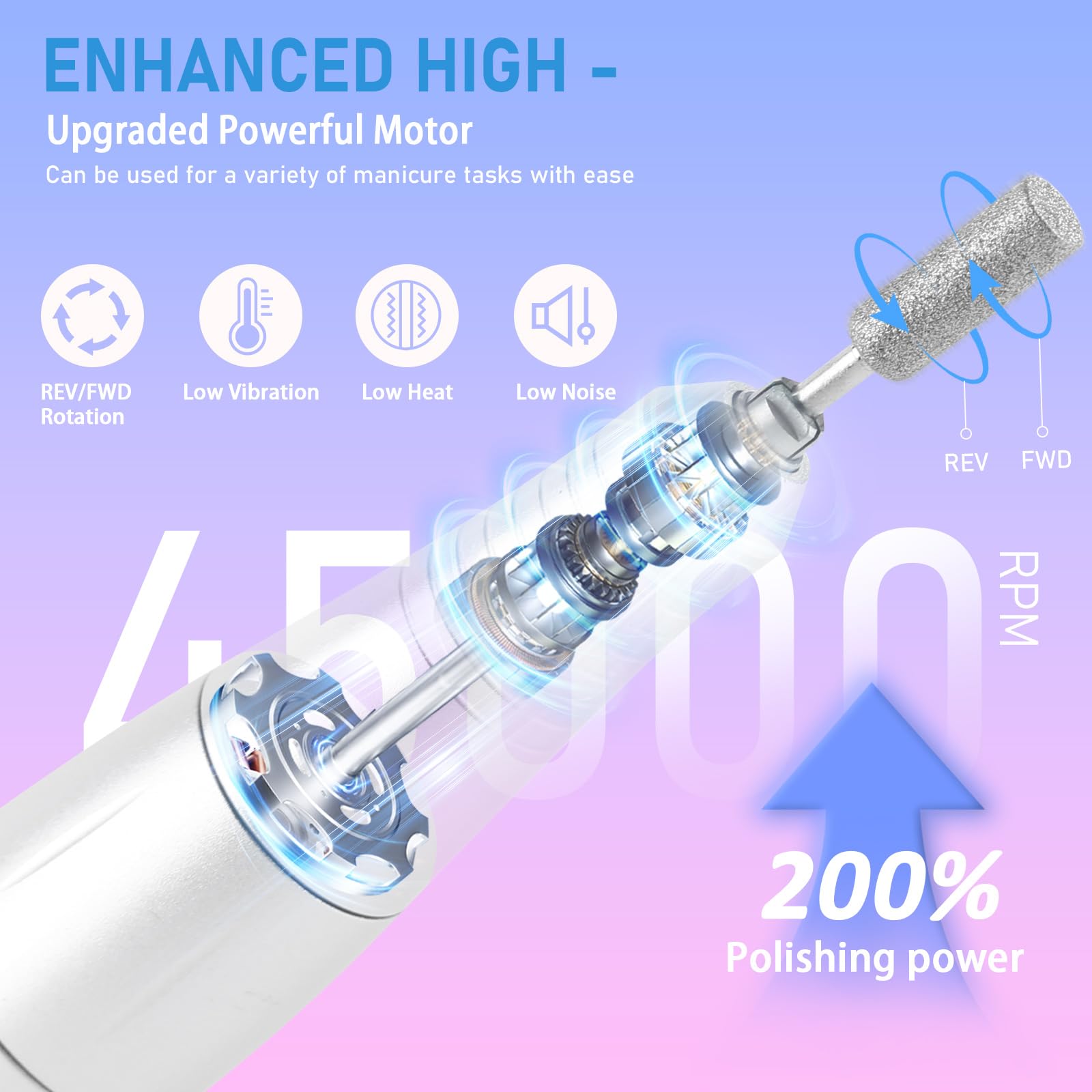 Trapano elettrico professionale per unghie, 45000 giri/min, ricaricabile, senza fili, kit di lima elettrica per unghie in gel acrilico, rimozione di lucidatura, silenzioso, con punte per