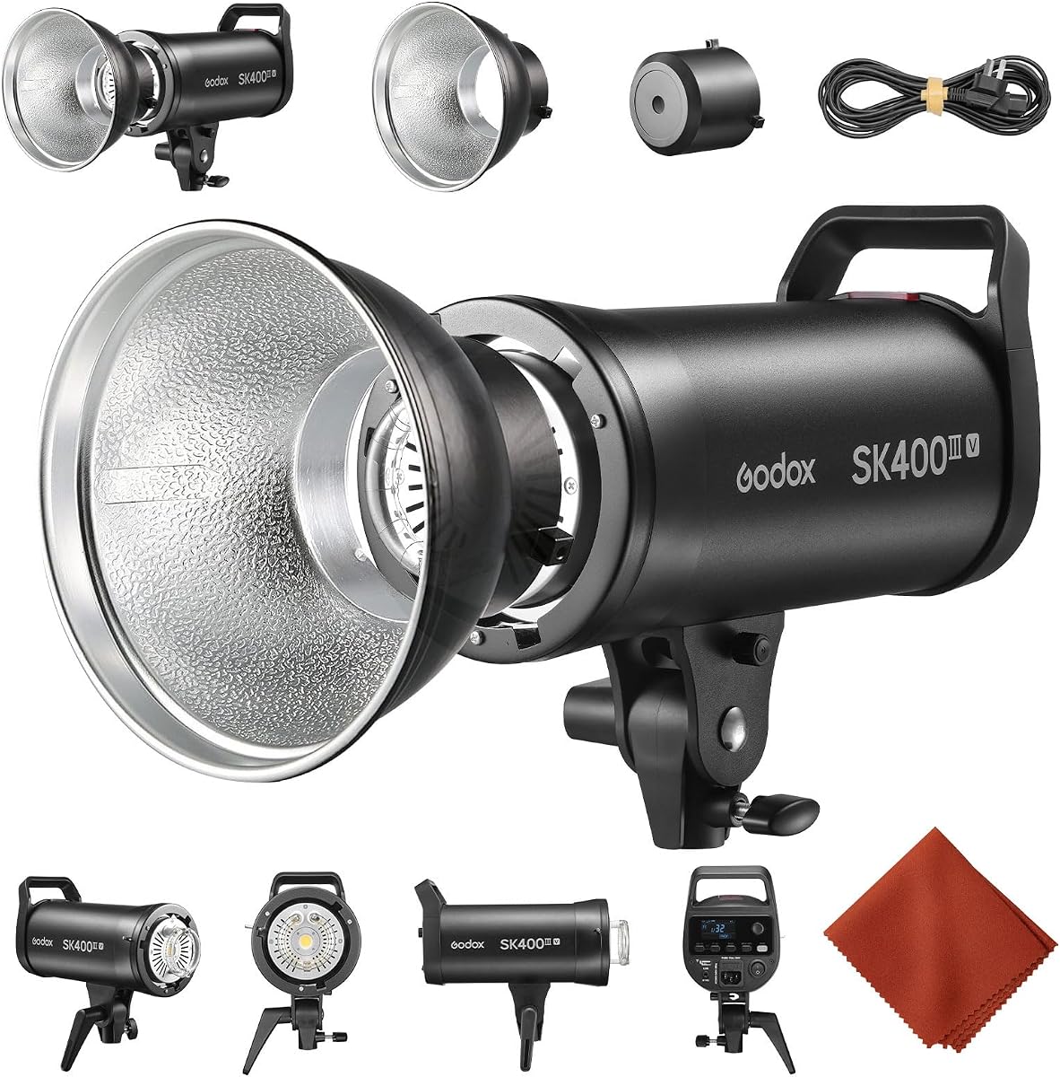 Godox Sk400iii v Sk400iiiv Kit 400Ws Flash estroboscópico profesional GN65 5700K 0.1-1.5s Juego de luces de fotografía con montaje Bowens de reciclaje con sistema X inalámbrico Godox 2.4G incorporado y lámpara de modelado de 10W