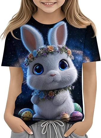 Boys Easter Shirt Summer Short Sleeve Shirts Rabbit Print Tops Holiday Cute Blouses Clothes for Girls 2-13Y