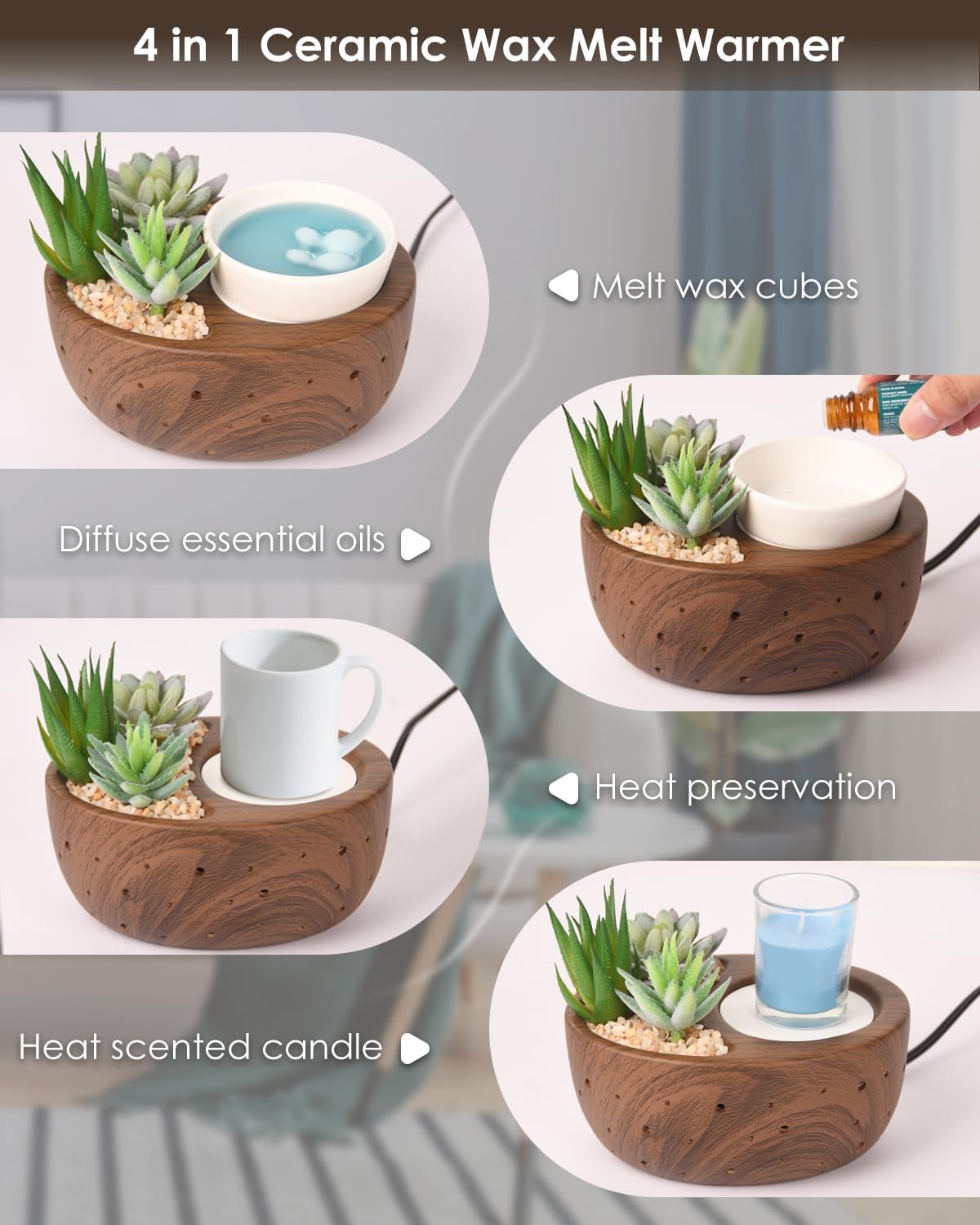 Ceramic Wax Melt Warmer with Japanese Design, 4-in-1 Electric Wax Warmer with PTC Heating Plate and 7-Color LED Lights, Succulent Bowl for Wax Melting, Oil Diffusion, Home Office Spa Decor