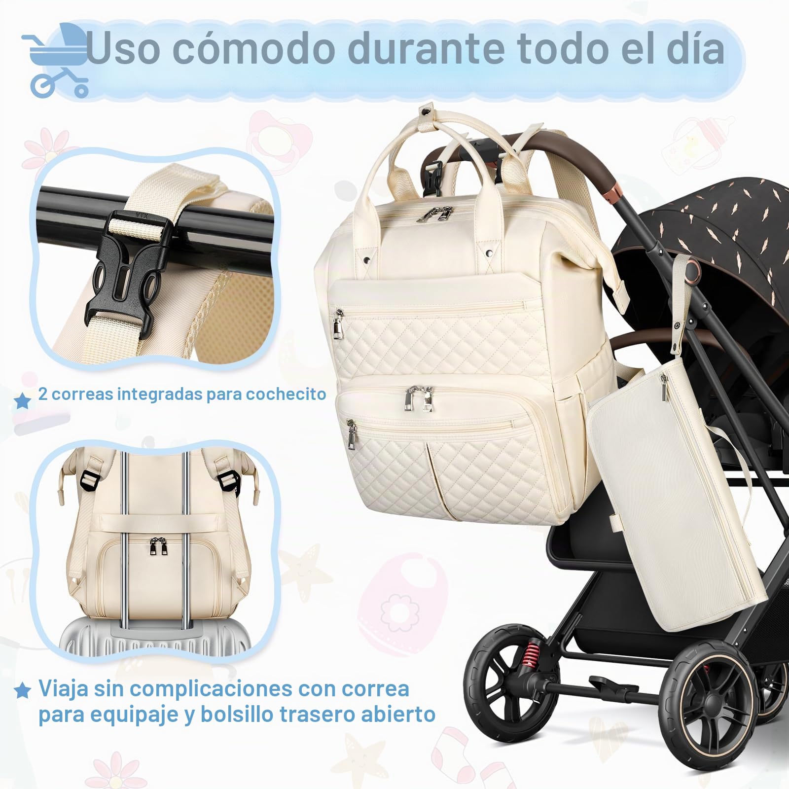 RAINSMORE Mochilas para Pañales Mochila Carro Bebe Multifuncional Mochila Cambiador con Cambiador Bebe Portatil para Mamá y Papá Blanco
