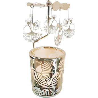 Kingnero Apricot Leaf Candle Wind Light Carousel Glass Tealight Holder Carousel, Rotatable Candle Holder Windmill Candle for Christmas Gifts for ChildrenBirthday Wedding Gold