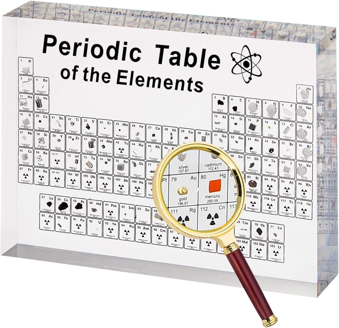 XQZMD Periodic Table with 83 Real Elements Inside, Acrylic Periodic Table Display with Magnifying Glass, Clear Periodic Table Display for Students Teachers Children Students Craft Decoration (B)