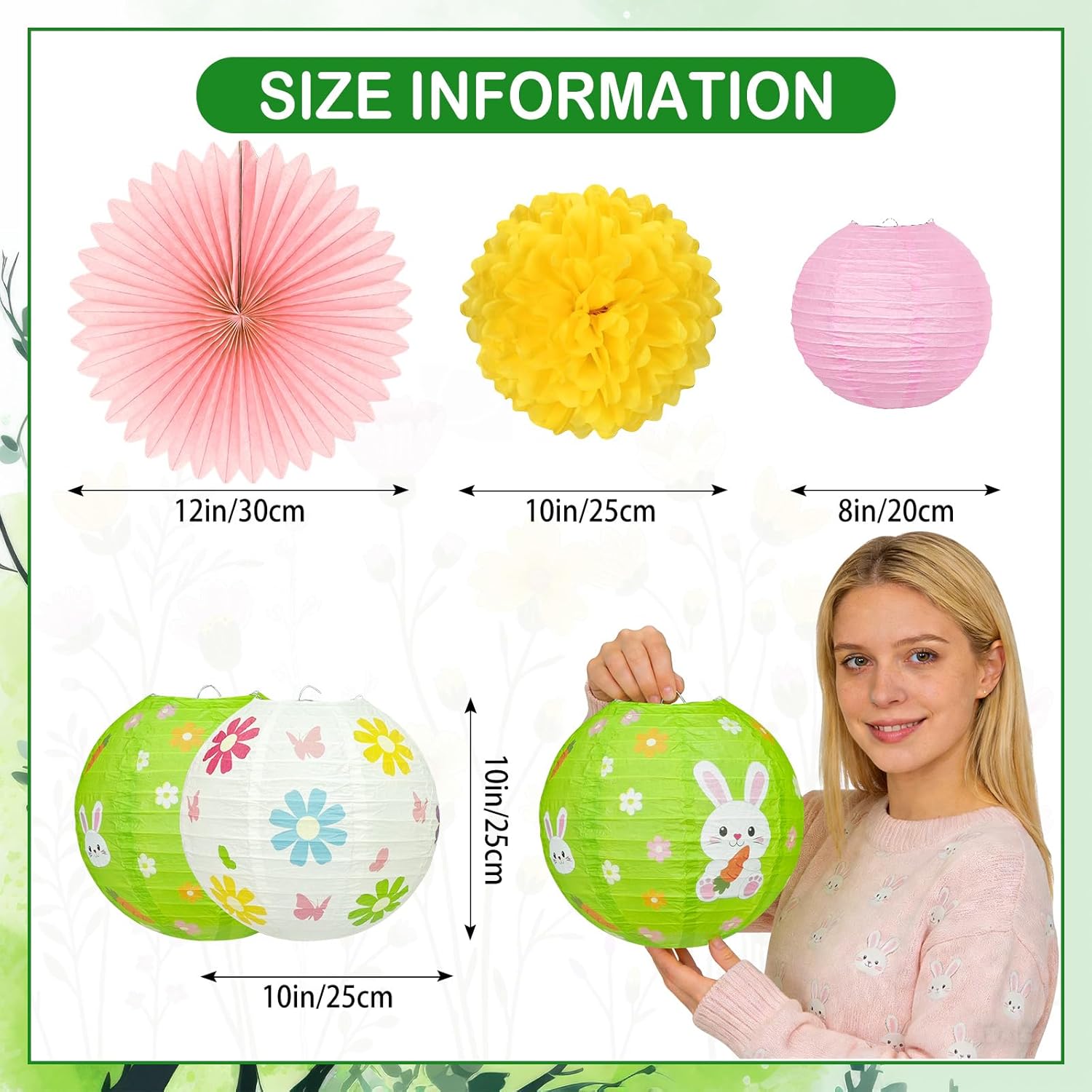 Spring Hanging Decorations – 14 Pack Pastel Bunny & Daisy Paper Lanterns, Pom Poms & Fans – Spring Decorations for Classroom, Office, Birthday