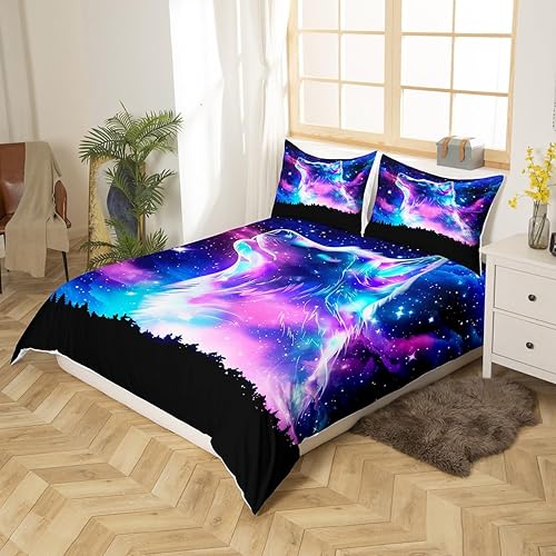 Miniatura 2 de Feelyou Funda de edredón con estampado de galaxia y lobo salvaje, juego de ropa de cama con luz del norte para niños y adultos, cielo estrellado