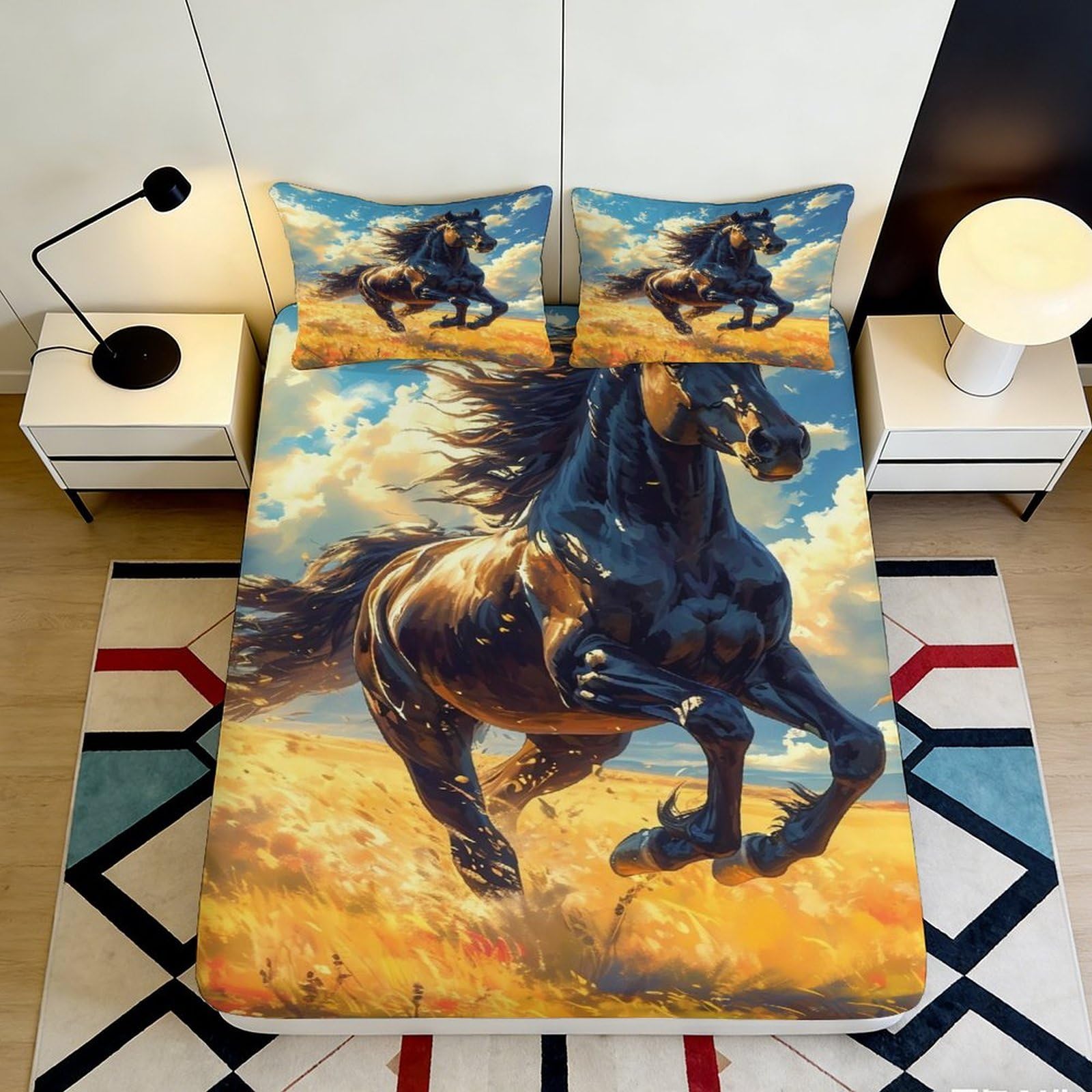 3D Printed Black Horse Wild Meadow Fitted Sheet Microfiber Soft Breathable Sunset Field Mattress Cover Bedroom Décor 200x200x25cm