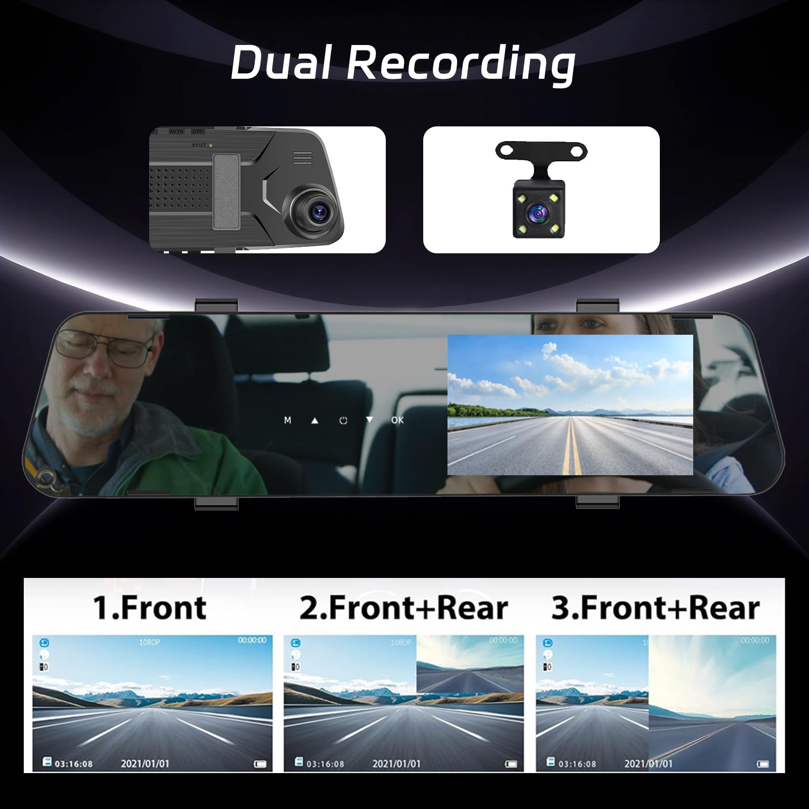 Specchietto Retrovisore Auto con Scheda TF da 64G, Schermo Touchscreen IPS da 4,5 Pollici 1080P/Registrazione in loop/150° Angolazione Ampia/Visione notturna/G-Sensore + Telecamera di Backup