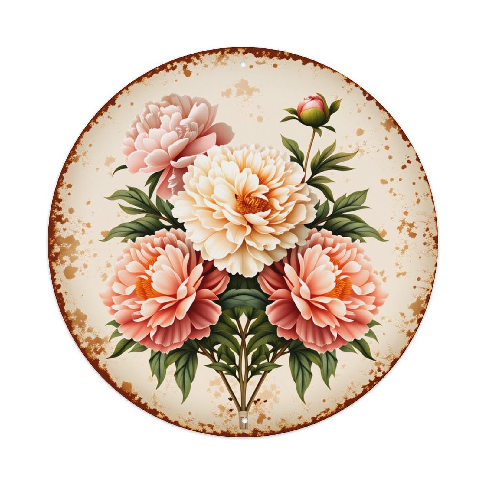 Peony Flowers Vintage Style Art Round Tin Sign Vintage Style Metal Sign Home Bar Garden Wall Plaque Decor Metal Poster 8x8 Inch