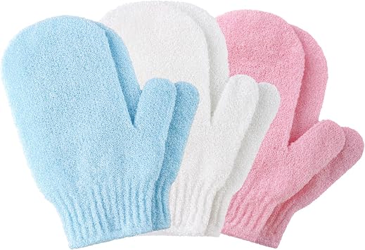 6pcs Exfoliating Gloves, Exfoliating Wash Gloves, Shower Scrub Gloves Away Ingrown Hair and Dead Skin for Shower, Spa, Massage and Dead Skin Cell Remover Loofah - White + Pink + Blue