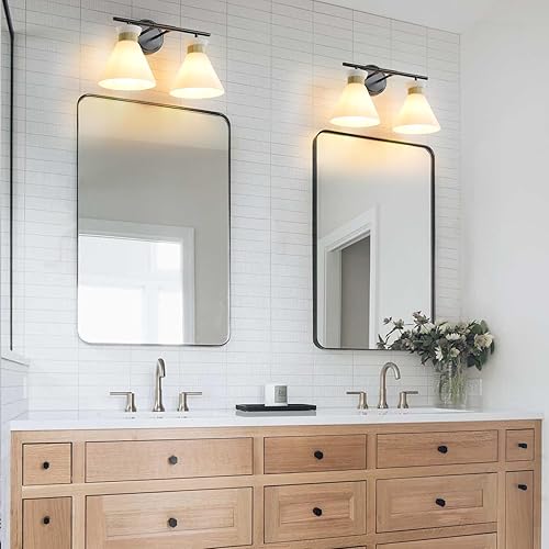 Miniatura 5 de WOSHITU Lámparas de tocador de baño 2 luces de mediados de siglo modernas luces de tocador para baño, iluminación de aplique de pared negro y dorado