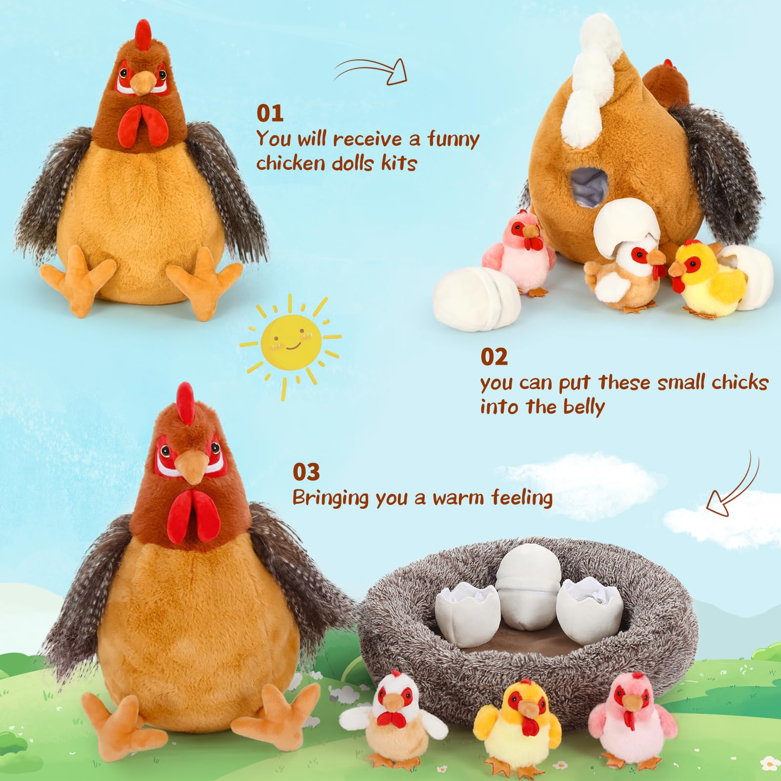 MorisMos Poule en Peluche avec 3 Poussins 35cm, Peluche Poule Maman et Bébés, Jouet en Peluche Douce, Animaux de la Ferme en Peluche, Cadeau Enfant, Cadeau Naissance, Décoration Chambre