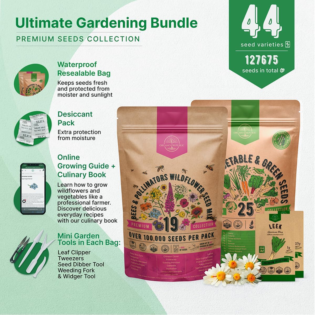 Organo Republic 19 Annual & Perennial Wildflower & 25 Winter Vegetable & Greens Seeds Variety Pack Bundle, 127,675+ Non-GMO Heirloom Garden Seeds for Planting Vegetables & Flowers Indoor & Outdoors