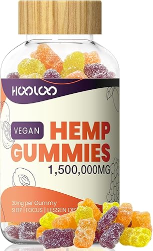 HOOLOO Gomitas de cáñamo veganas de 1,500,000 mg para apoyo a la hora de acostarse y relajarse, infundidas con aceite de cáñamo, Omega 3, vitaminas,